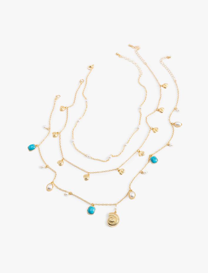 Kadın Üç Sıra Deniz Kabuğu Detaylı Boncuklu Zincir Kolye