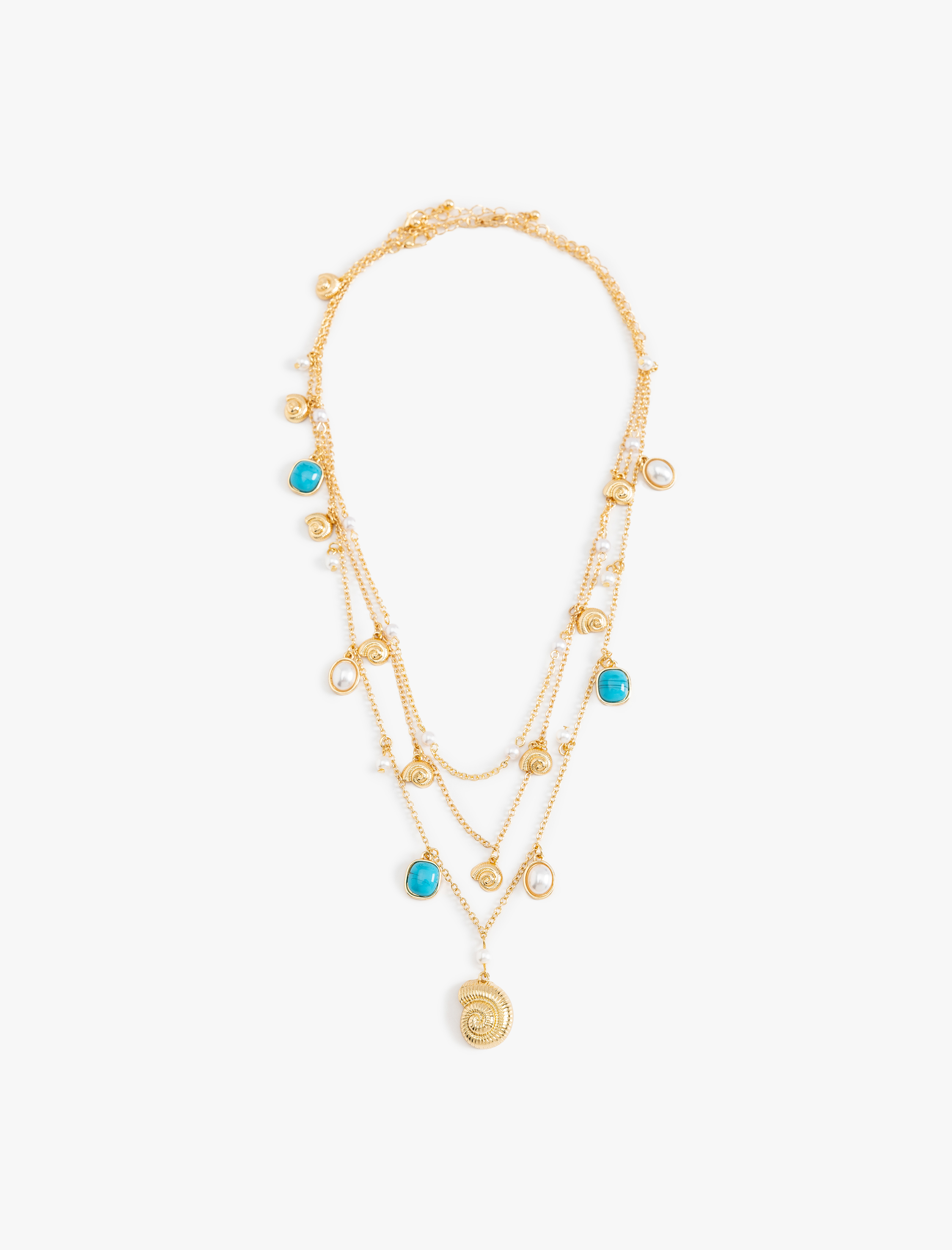  Kadın Üç Sıra Deniz Kabuğu Detaylı Boncuklu Zincir Kolye