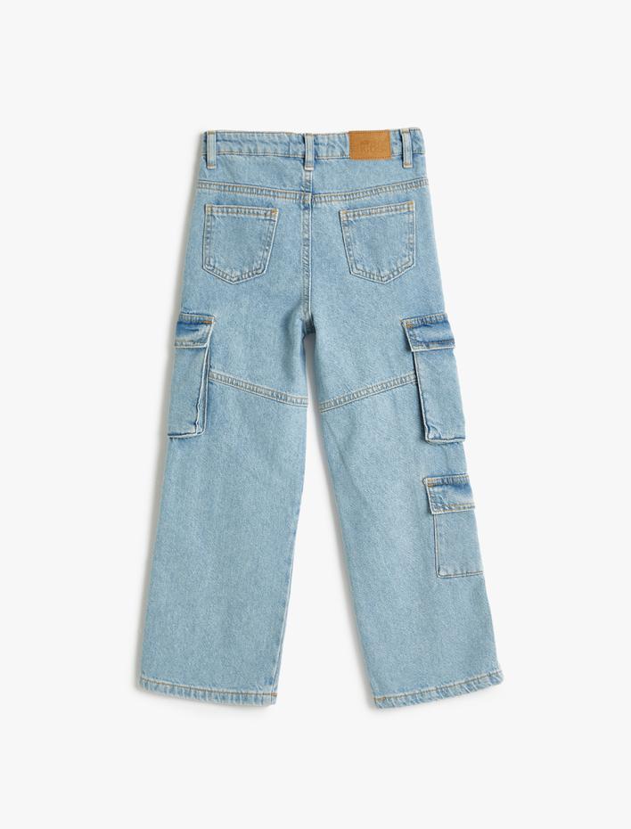 Kız Çocuk Kargo Kot Pantolon Kapaklı Cepli Pamuklu