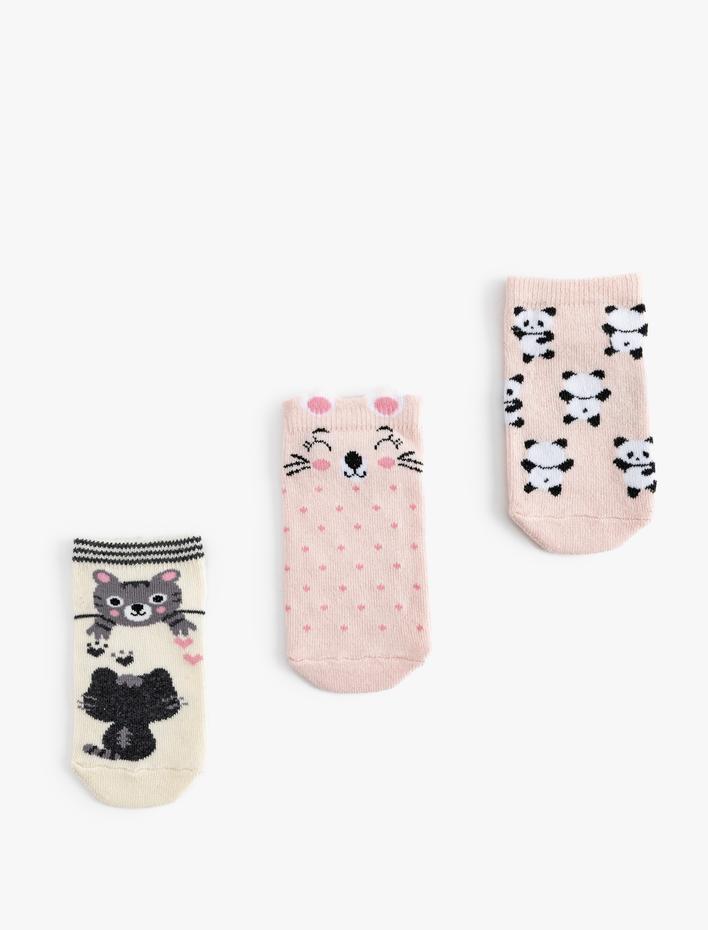 Kız Çocuk 3’lü Çorap Seti Kedi Desenli Pamuklu