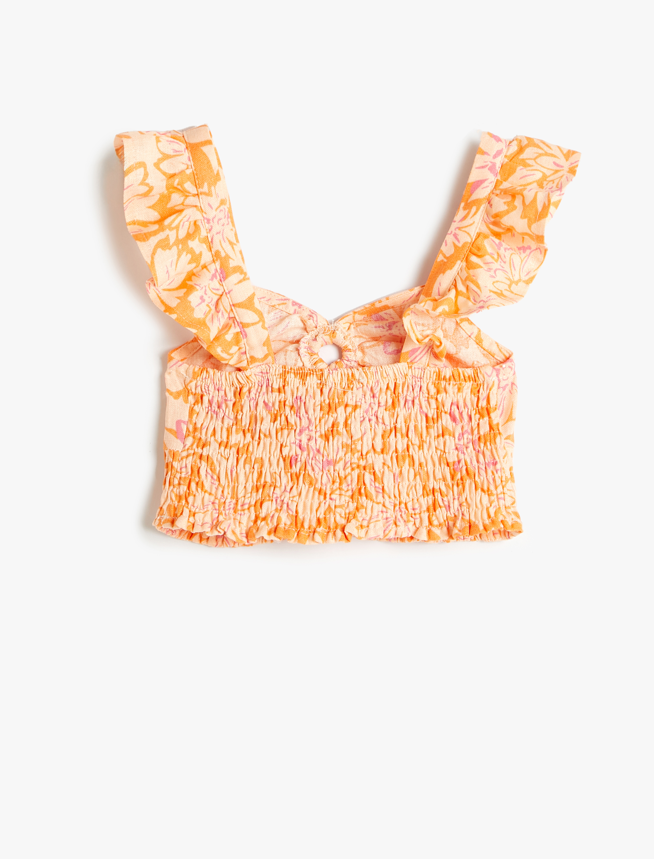  Kız Çocuk Keten Crop Bluz Kolsuz Çiçekli Gipe Detaylı