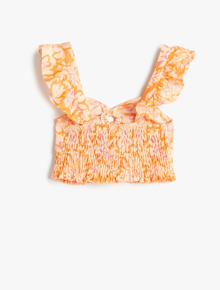 Kız Çocuk Keten Crop Bluz Kolsuz Çiçekli Gipe Detaylı