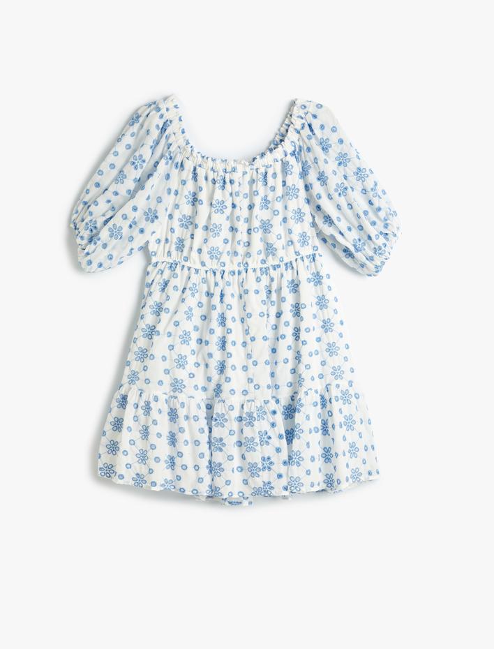  Mini Fisto Elbise Kısa Balon Kol Pamuklu Omzu Açık