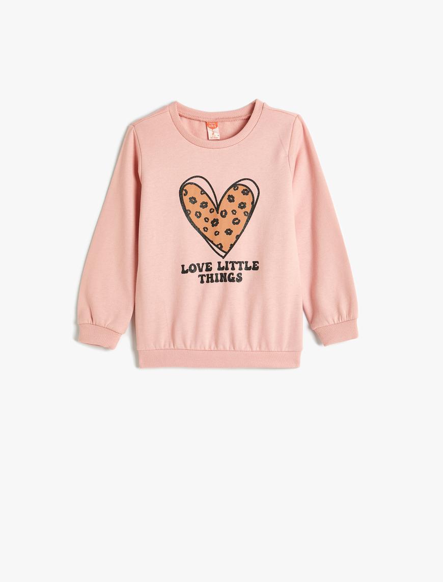  Kız Bebek Sweatshirt Kalp Baskılı Uzun Kollu Bisiklet Yaka Pamuklu