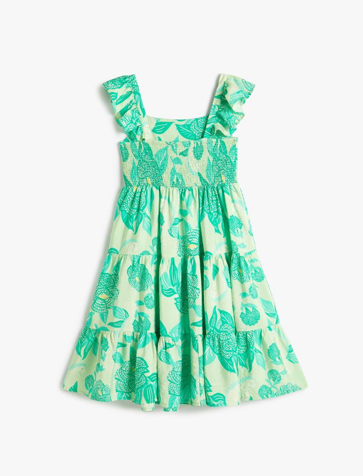 Kız Çocuk Elbise Kelebek Kollu Kare Yaka Fırfır Detaylı Viskon Kumaş