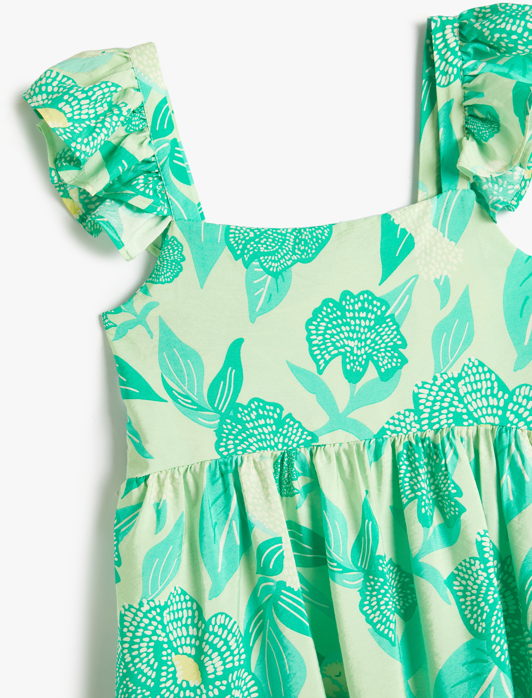  Kız Çocuk Elbise Kelebek Kollu Kare Yaka Fırfır Detaylı Viskon Kumaş