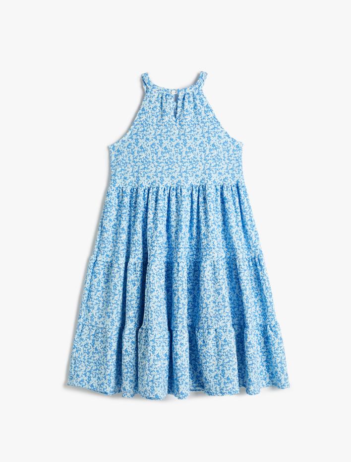 Kız Çocuk Midi Elbise Çiçekli Halter Yaka Kat Detaylı