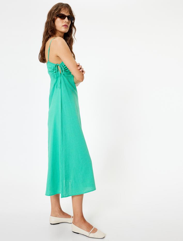  Keten Karışımlı Askılı Midi Boy Elbise Yanları Pencere Detaylı Bağlamalı Slim Fit