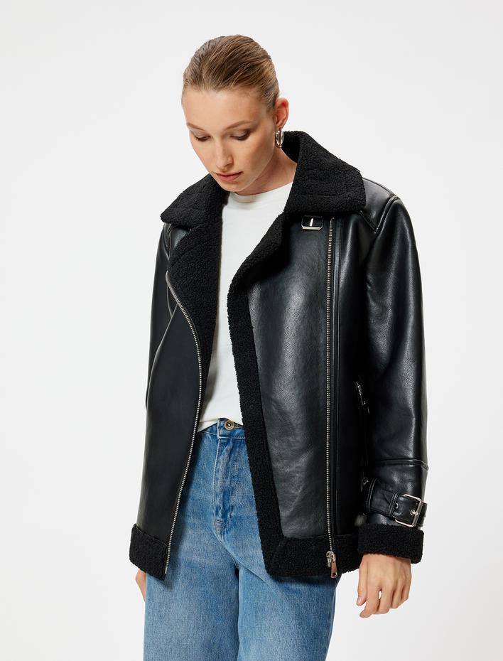  Suni Deri Biker Ceket Yakası Kürklü Kalça Boy Fermuarlı Rahat Kalıp
