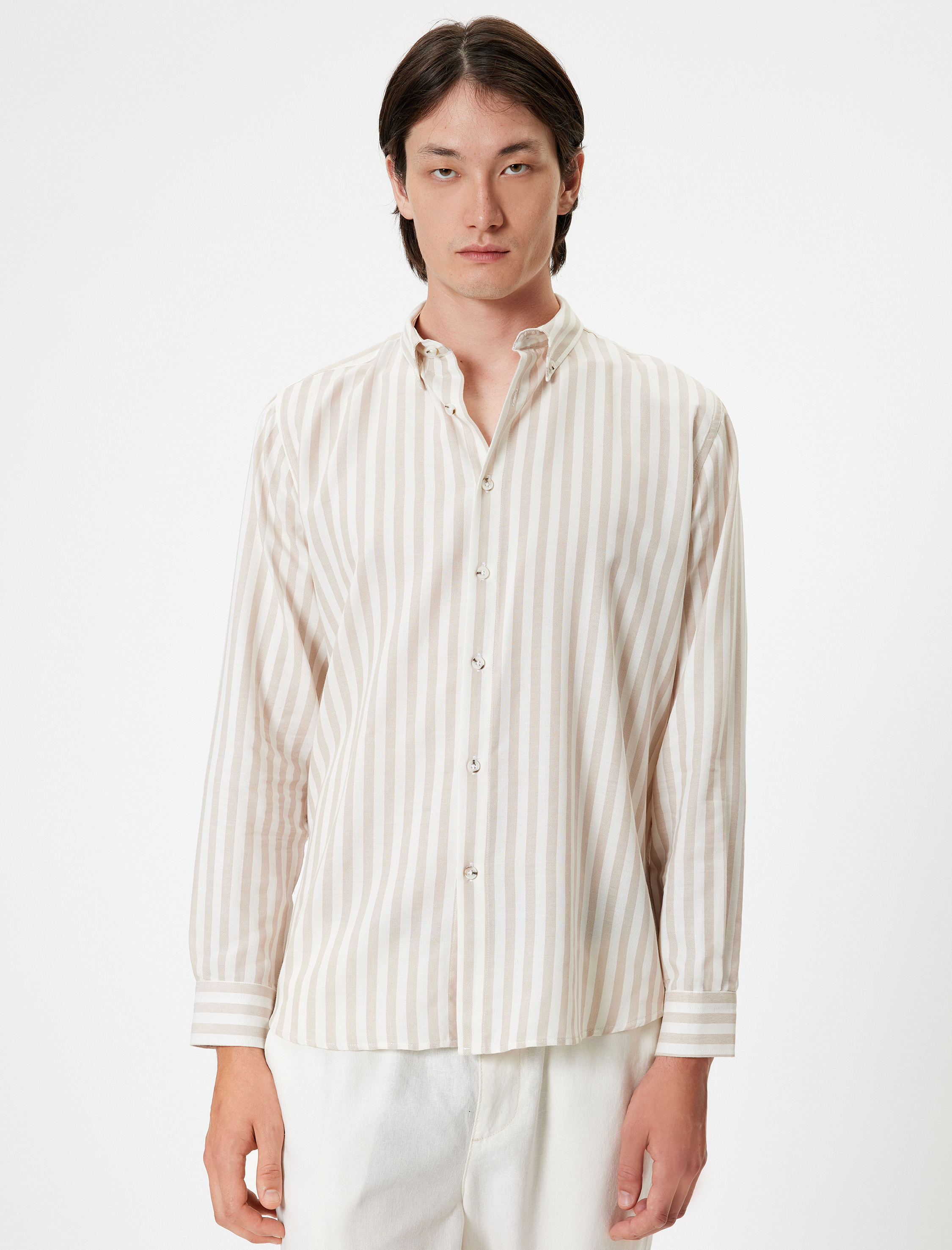   Uzun Kollu Düğmeli Yaka Çizgili Regular Fit Gömlek