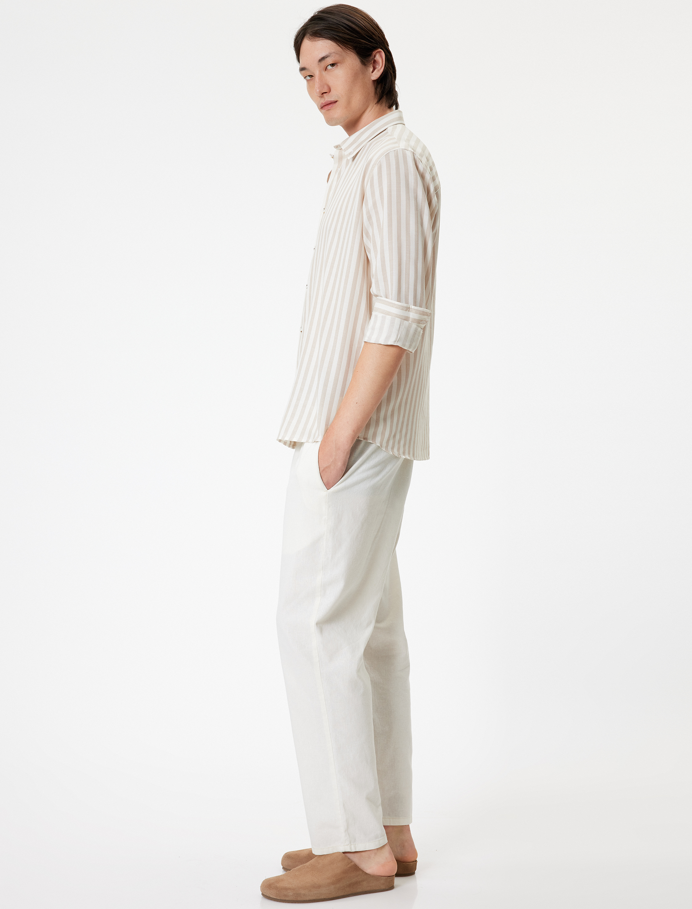   Uzun Kollu Düğmeli Yaka Çizgili Regular Fit Gömlek