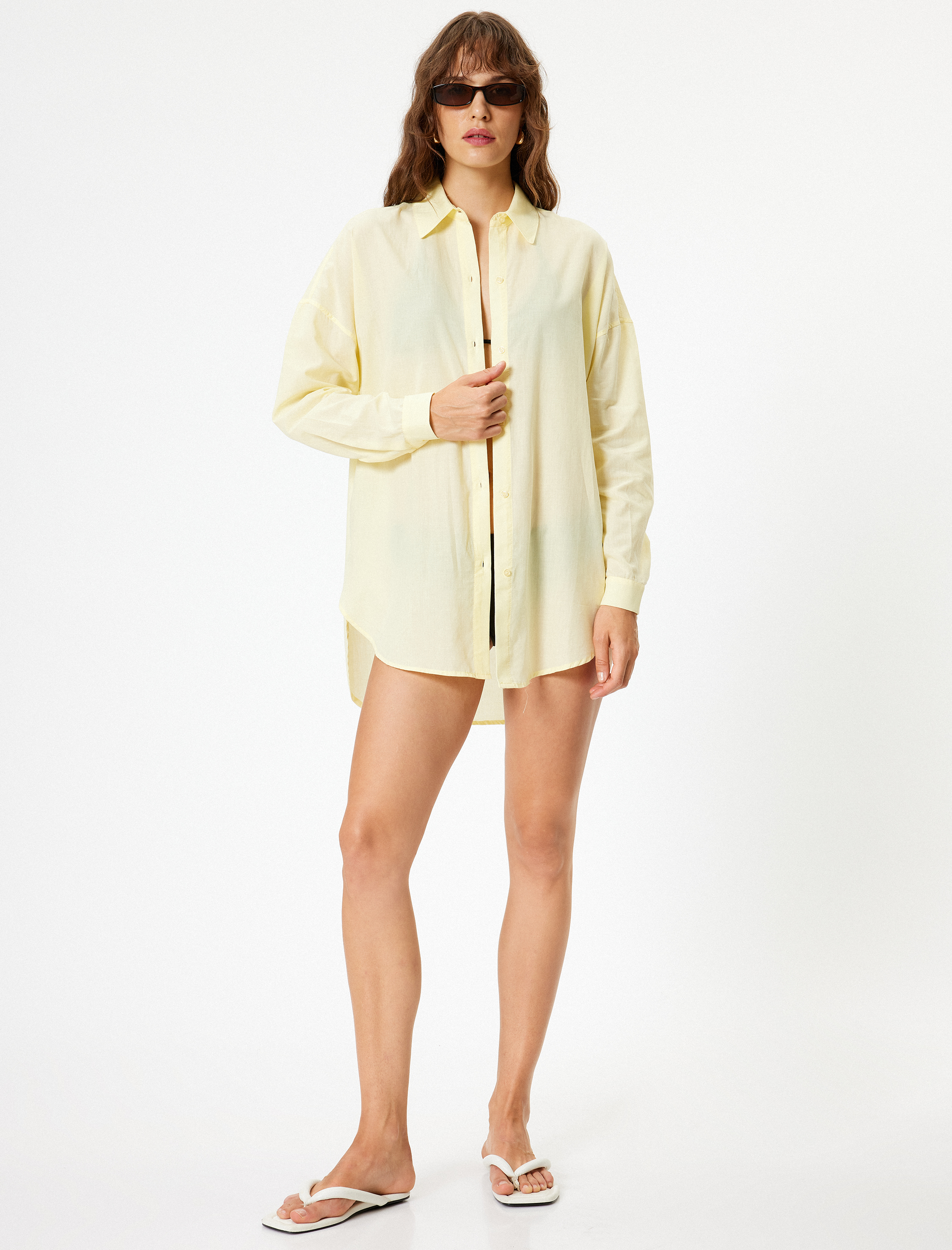   Arkası Baskılı Plaj Elbisesi Gömlek Yaka Uzun Kollu Pamuklu