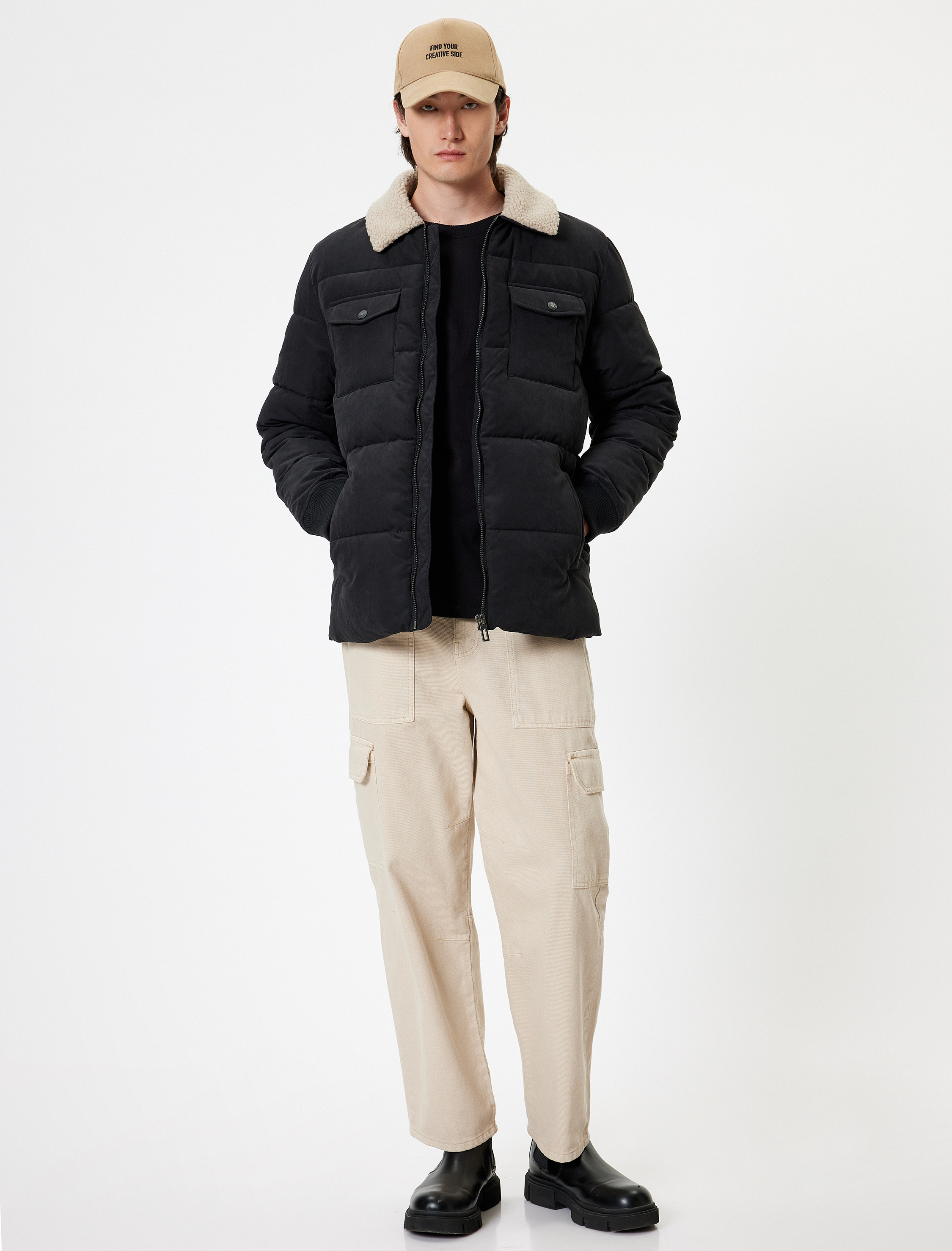   Slim Fit Şişme Mont Peluş Yaka Detaylı Fermuarlı