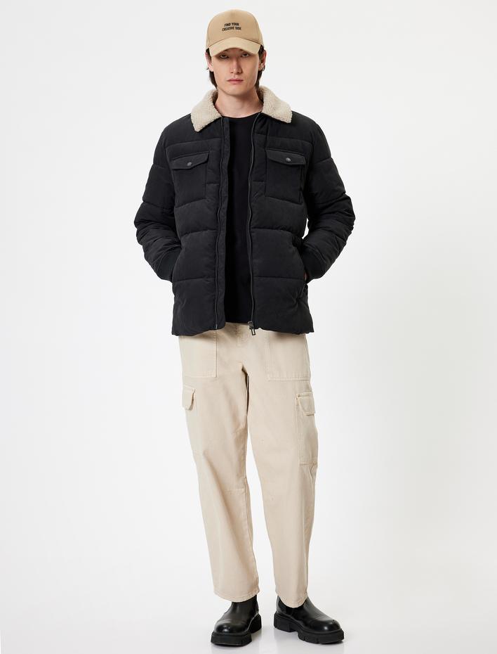  Slim Fit Şişme Mont Peluş Yaka Detaylı Fermuarlı