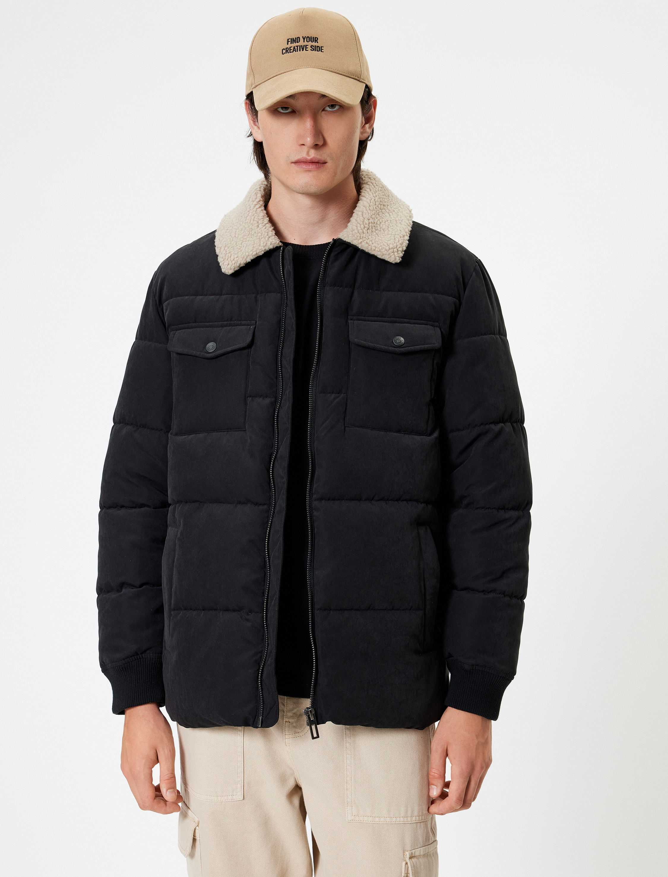   Slim Fit Şişme Mont Peluş Yaka Detaylı Fermuarlı