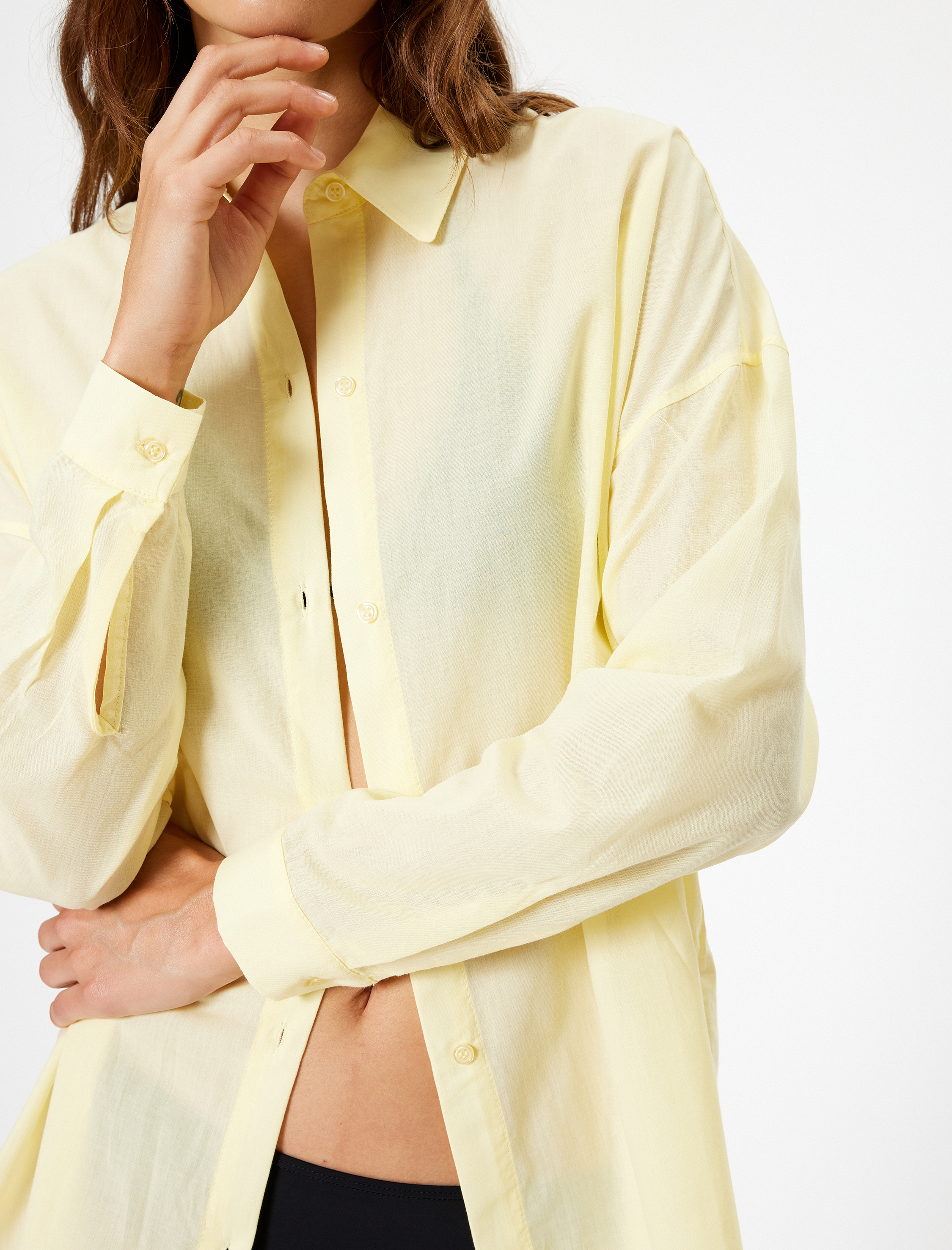   Arkası Baskılı Plaj Elbisesi Gömlek Yaka Uzun Kollu Pamuklu