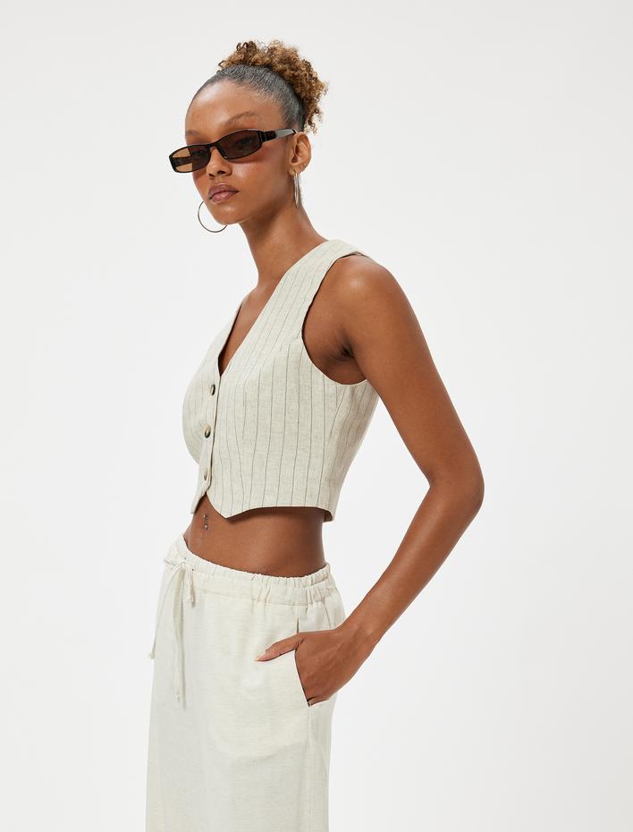  Crop Yelek Keten Karışımlı Kolsuz V Yaka Düğmeli Slim Fit
