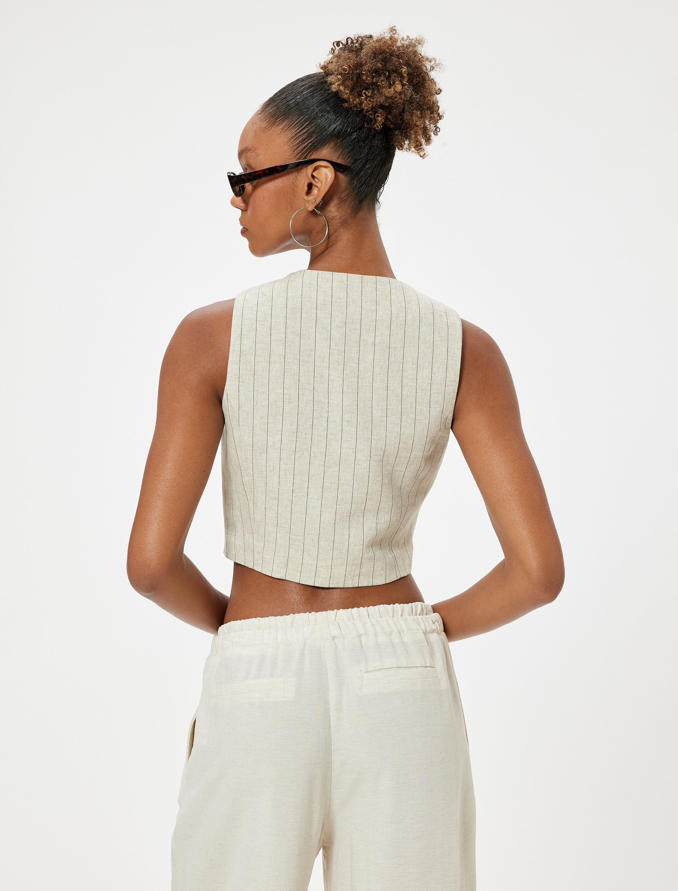   Crop Yelek Keten Karışımlı Kolsuz V Yaka Düğmeli Slim Fit