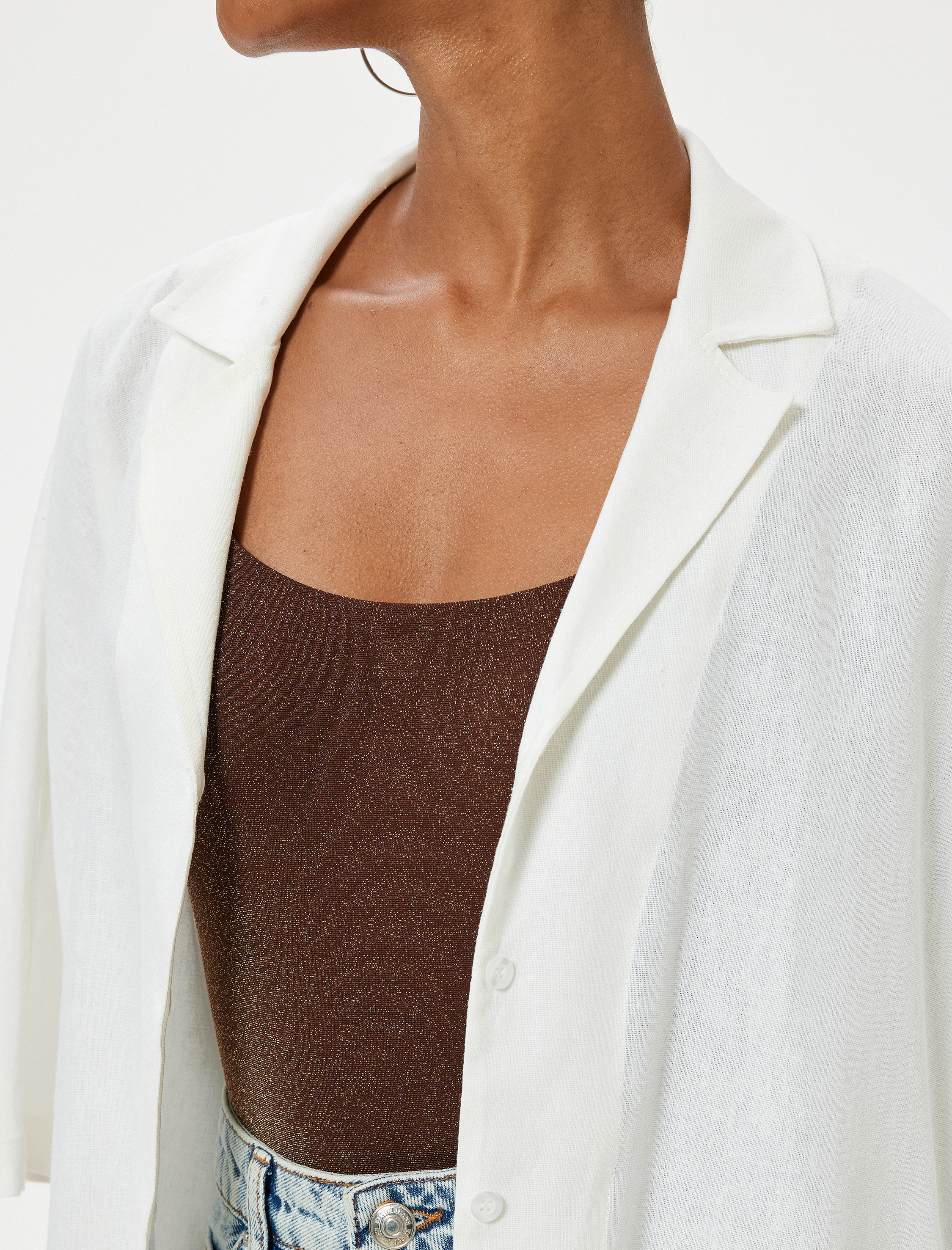   Keten Karışımlı Gömlek Kısa Kollu Düğmeli Devrik Yaka