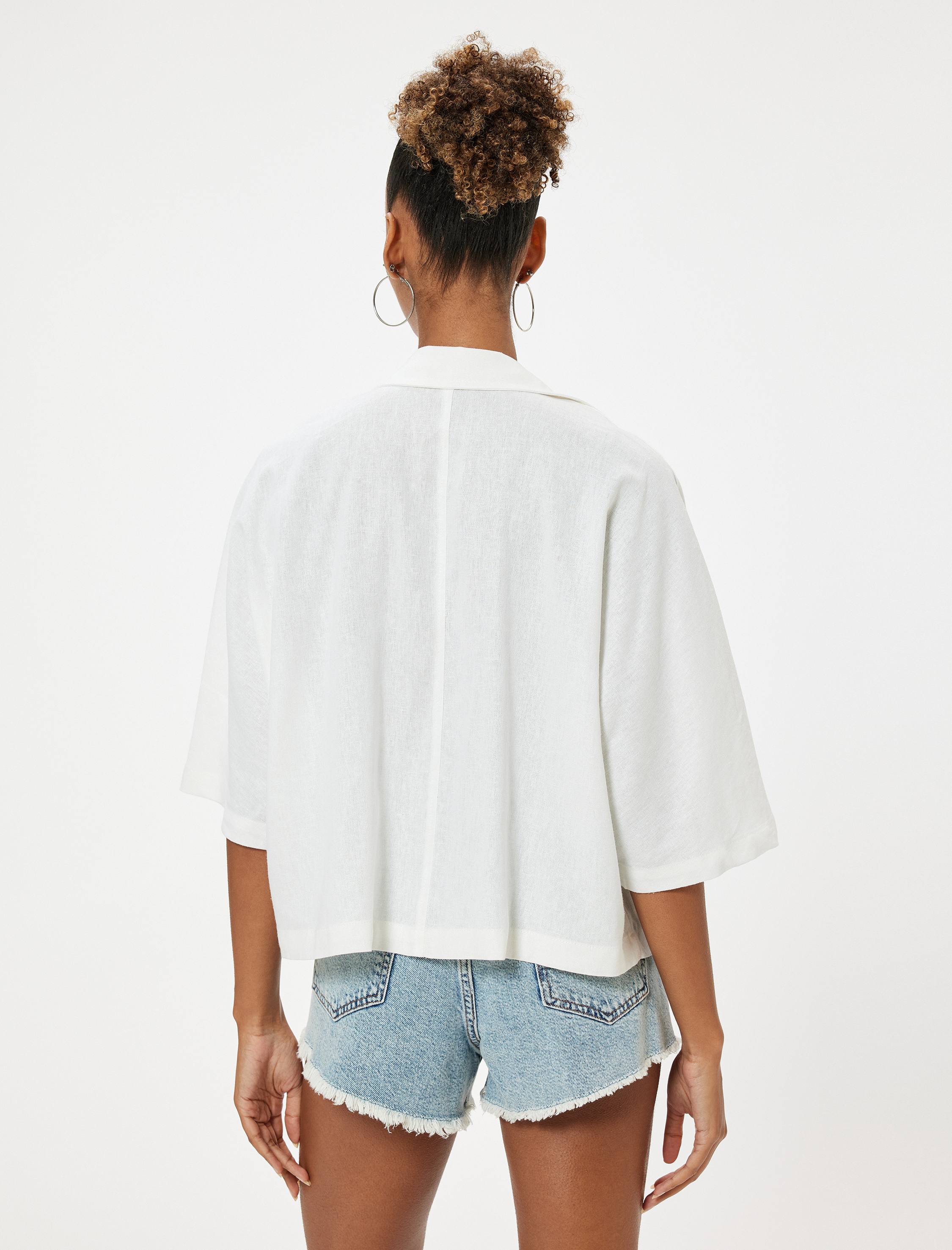   Keten Karışımlı Gömlek Kısa Kollu Düğmeli Devrik Yaka