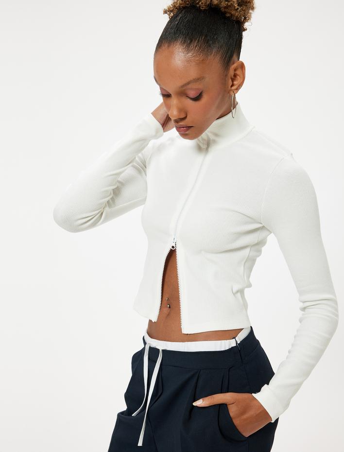  Uzun Kollu Tişört Kaşkorse Fermuarlı Dik Yaka Slim Fit