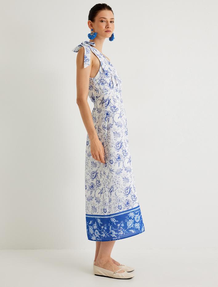  Koton X Melis Ağazat - Çiçekli Tek Omuz Midi Boy Elbise Astarlı Fiyonk Detaylı