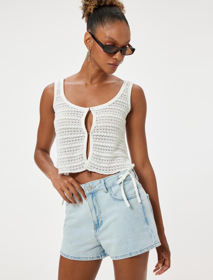  Mini Kot Şort Fiyonk Detaylı Düğmeli Rahat Kalıp Cepli