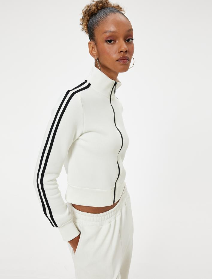  Fermuarlı Crop Sweatshirt Biyeli Dik Yaka Şardonlu