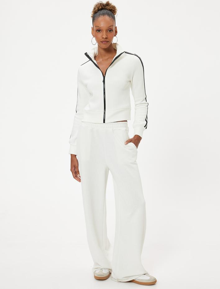  Fermuarlı Crop Sweatshirt Biyeli Dik Yaka Şardonlu