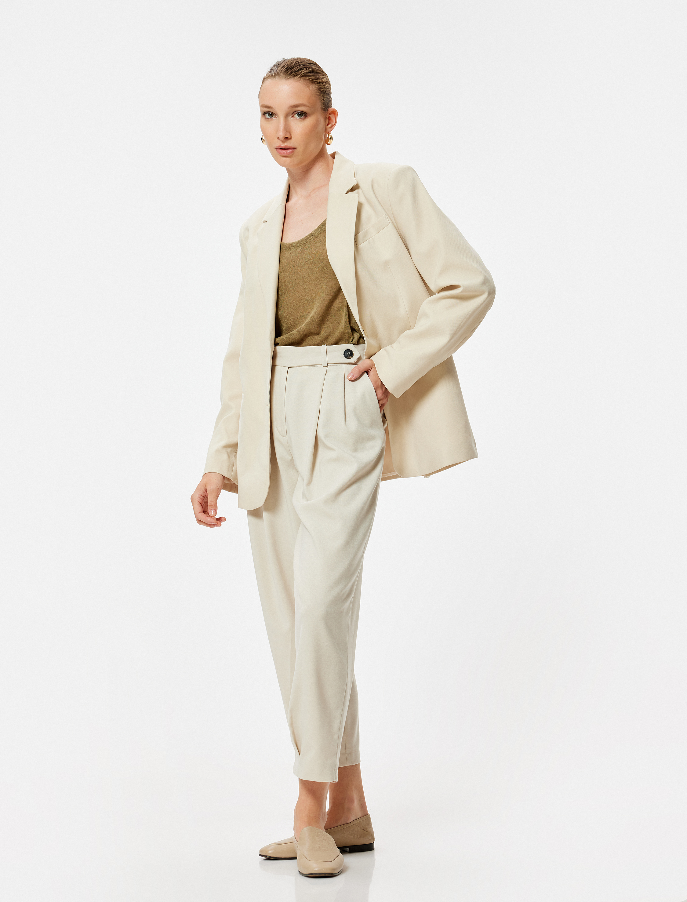   Cigarette Pantolon Kısa Paça Pile Detaylı Cepli