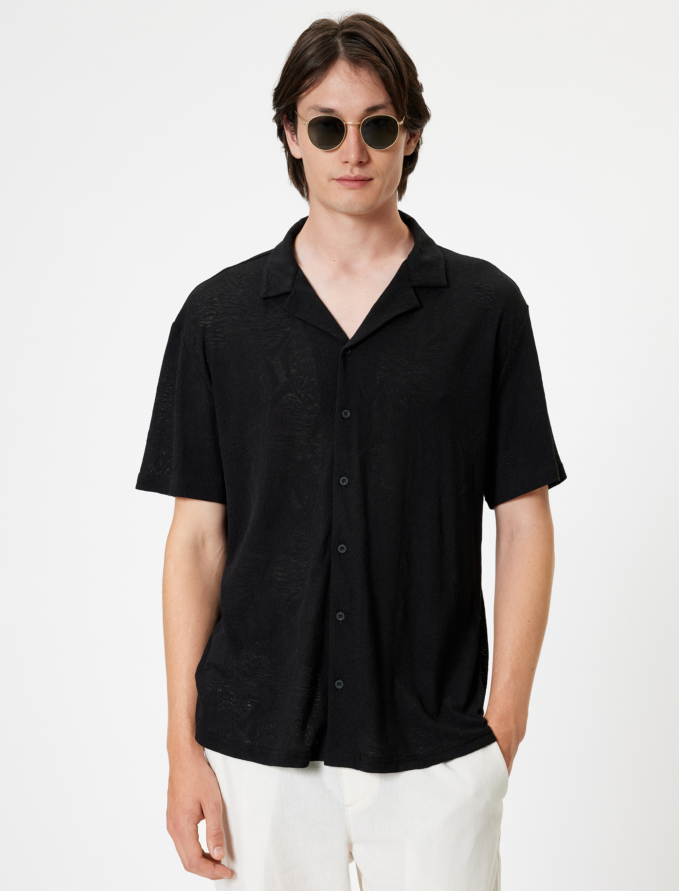   Kısa Kollu Gömlek Devrik Yaka Pamuk Karışımlı Regular Fit