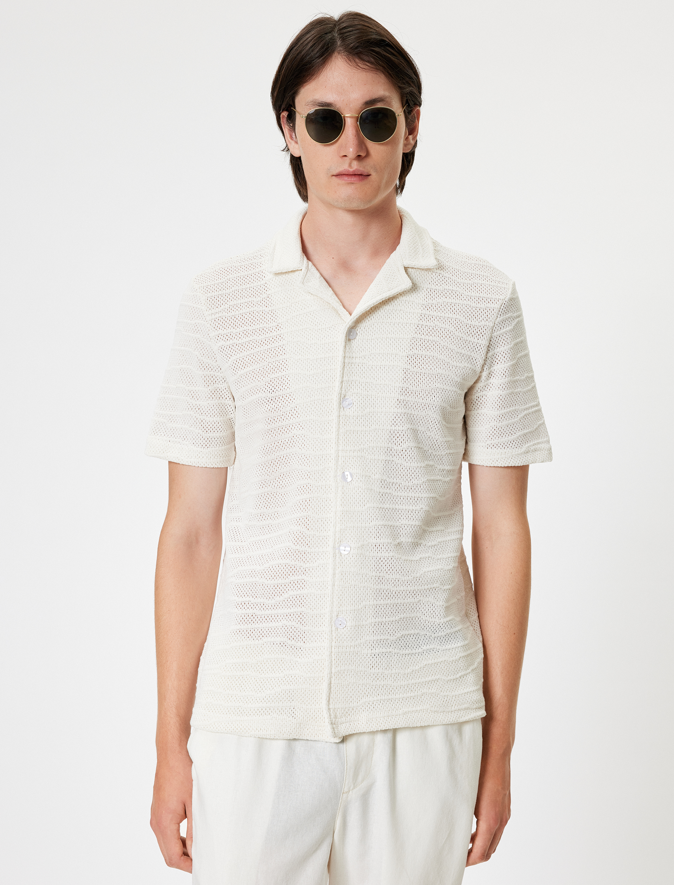 Kroşe Gömlek Kısa Kollu Yarı Transparan Dokulu Pamuk Karışımlı