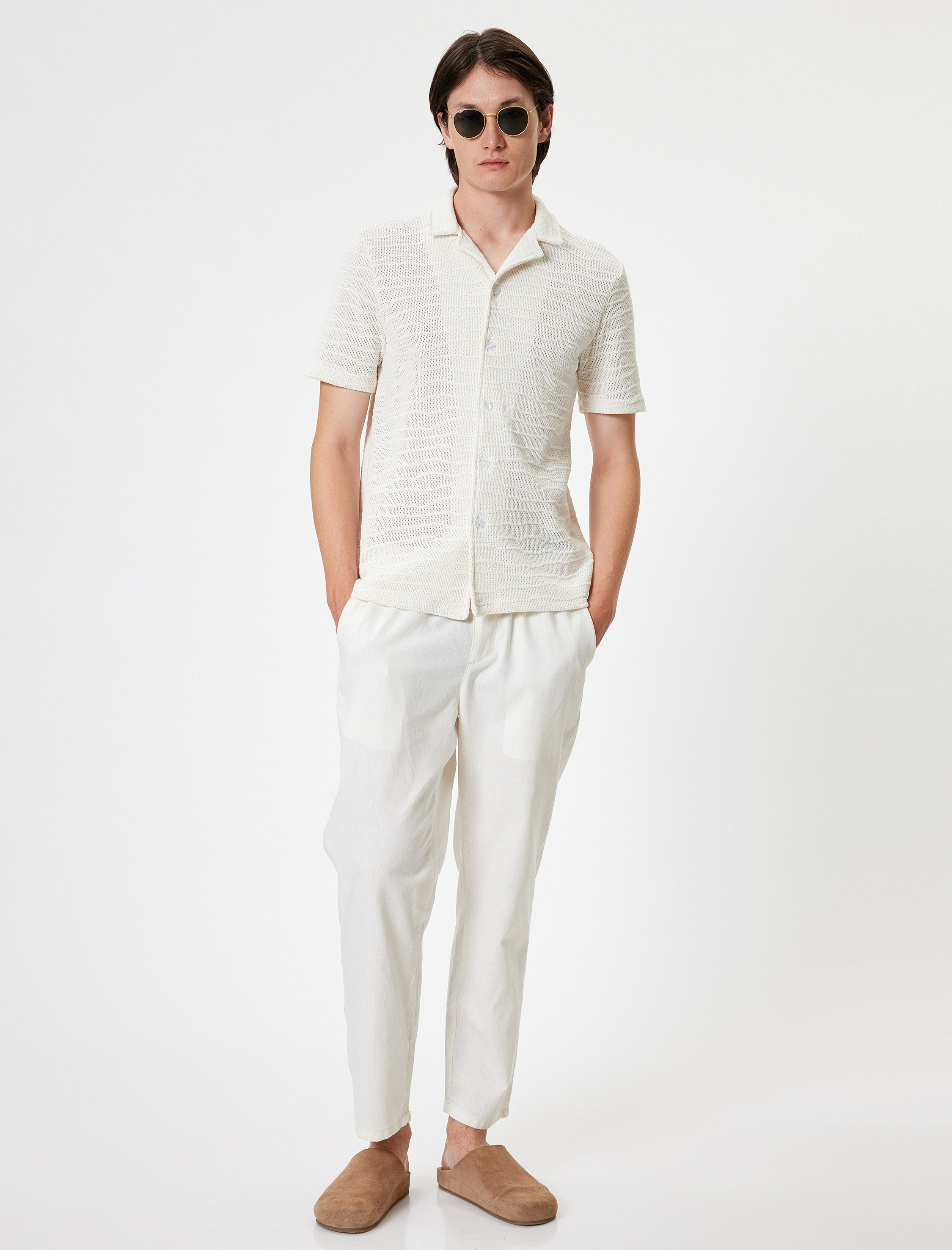 Kroşe Gömlek Kısa Kollu Yarı Transparan Dokulu Pamuk Karışımlı