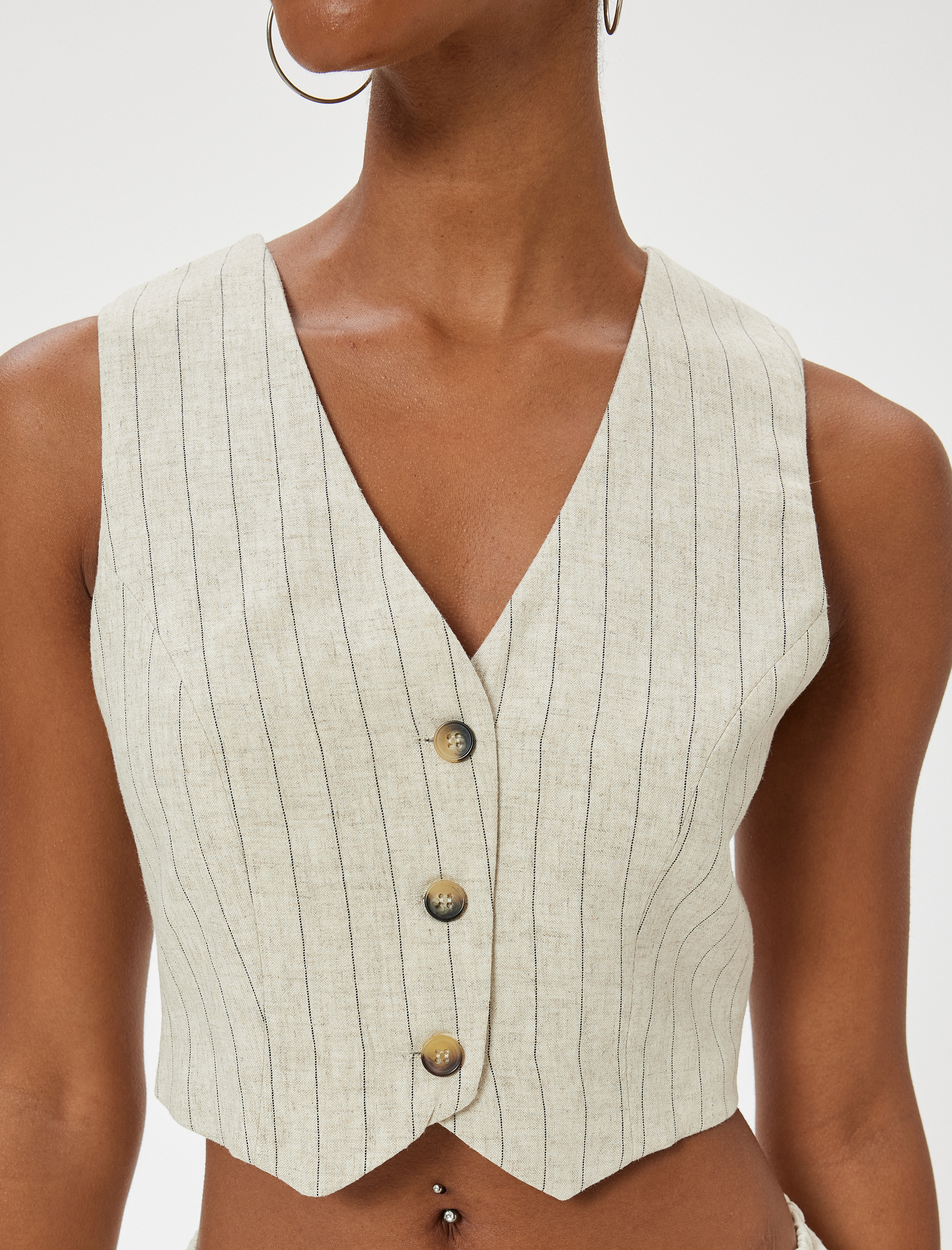   Crop Yelek Keten Karışımlı Kolsuz V Yaka Düğmeli Slim Fit