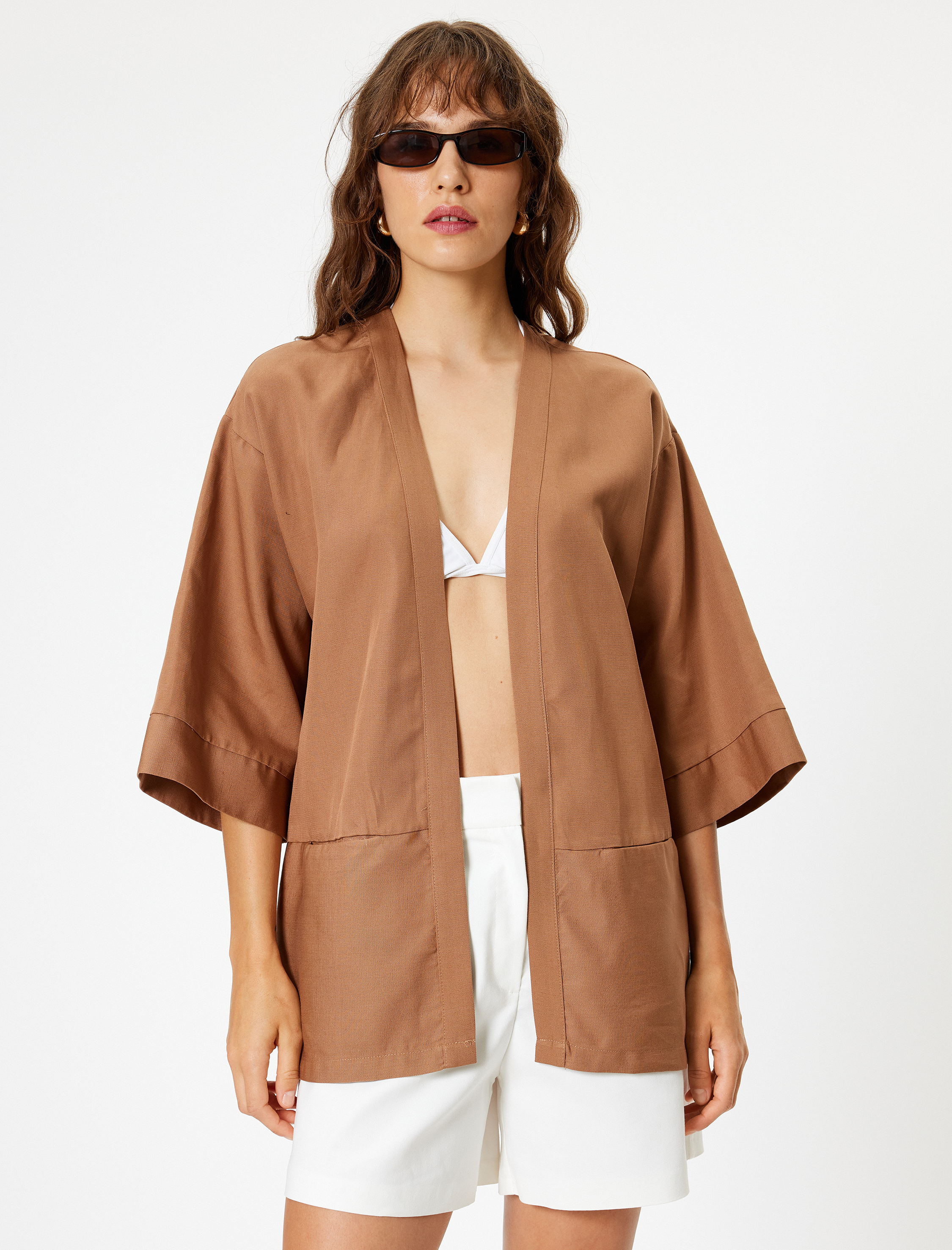   Keten Karışımlı Kimono 3/4 Geniş Kol Bol Kalıp