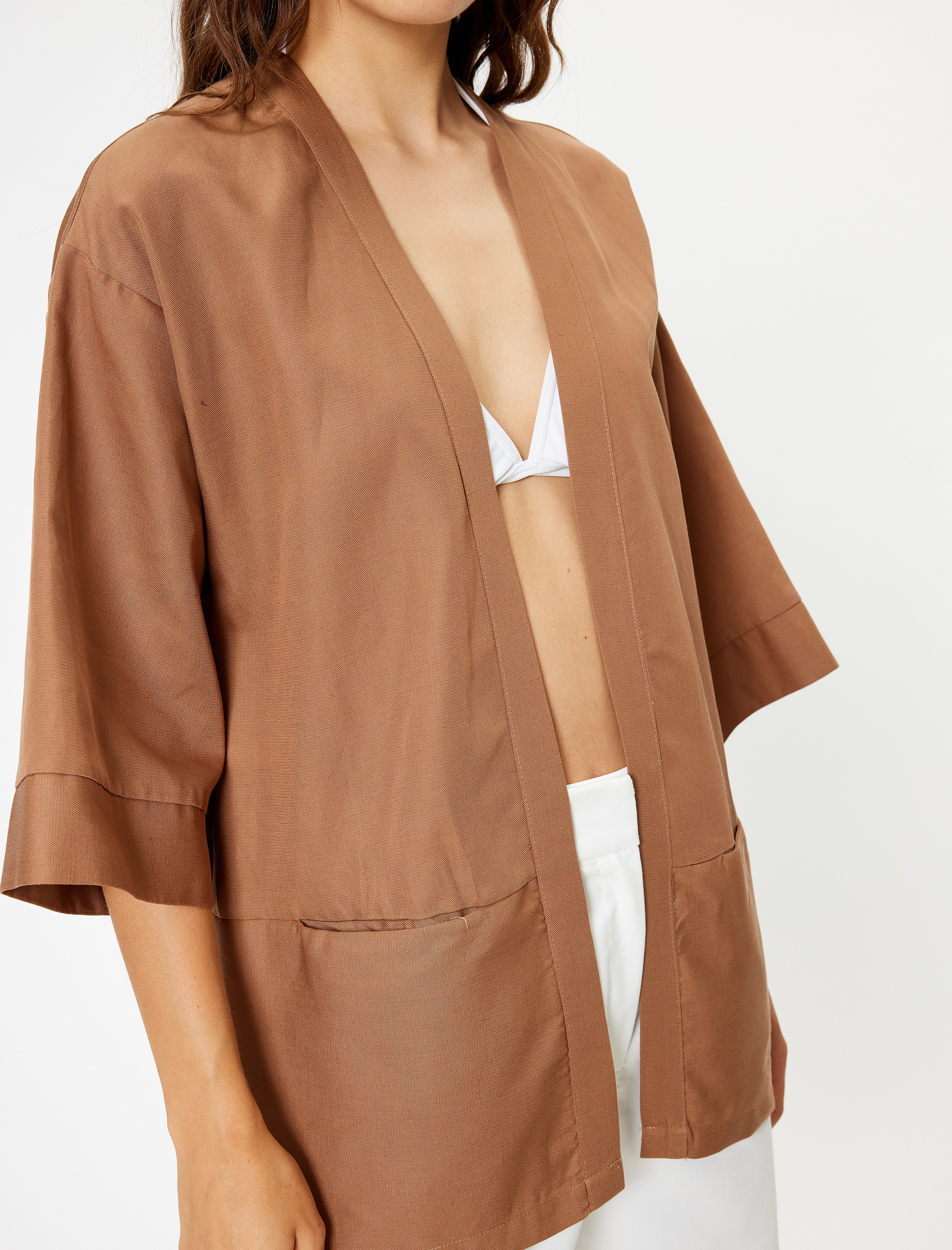   Keten Karışımlı Kimono 3/4 Geniş Kol Bol Kalıp