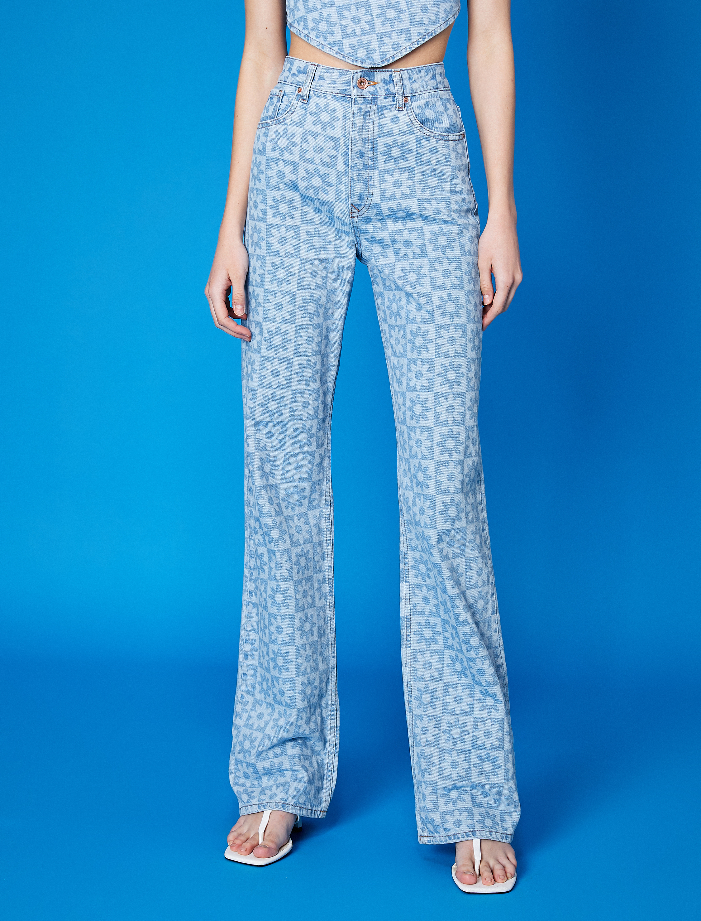   Desenli Düz Uzun Kesim Yüksek Bel Düz Paça Kot Pantolon - Nora Jean