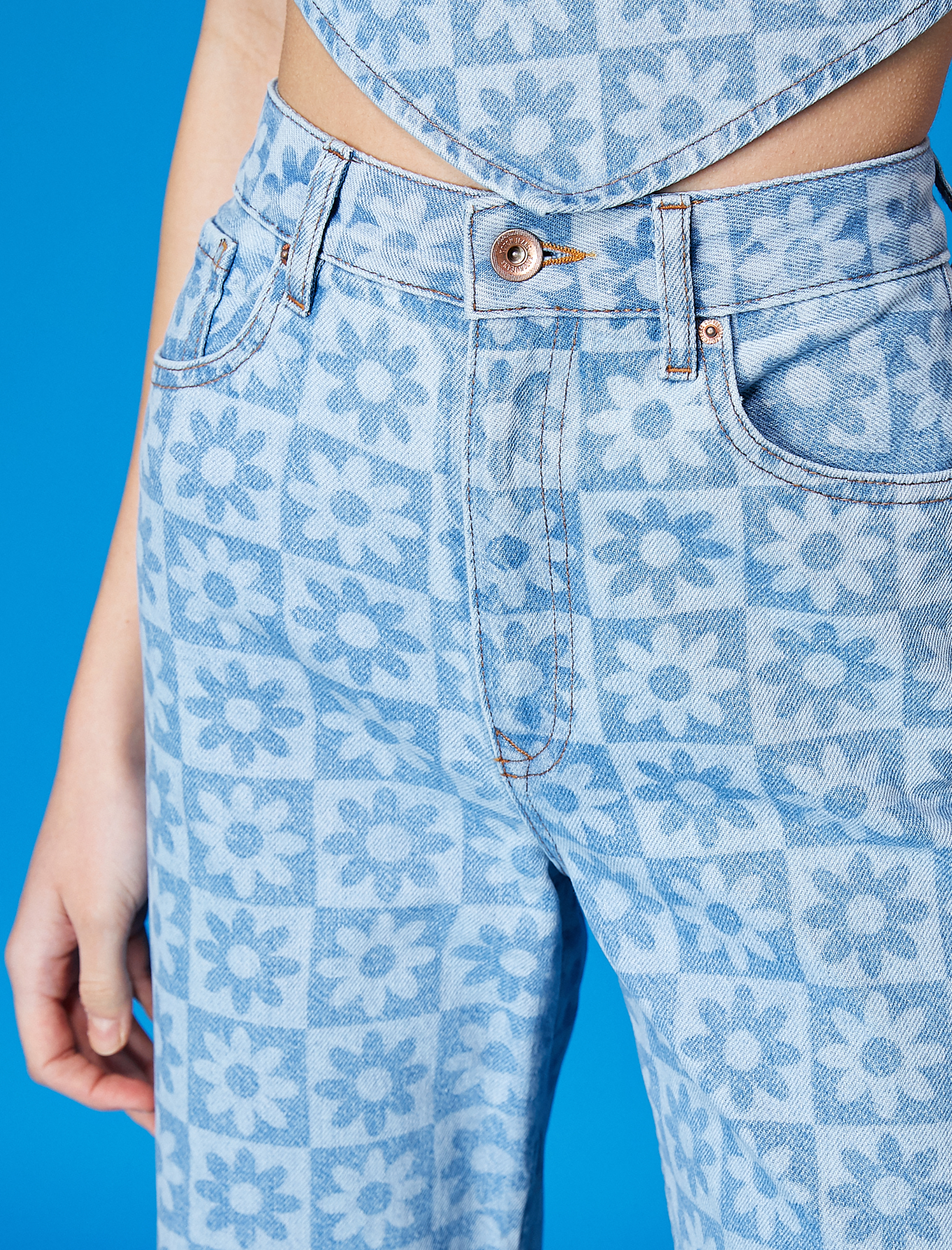   Desenli Düz Uzun Kesim Yüksek Bel Düz Paça Kot Pantolon - Nora Jean