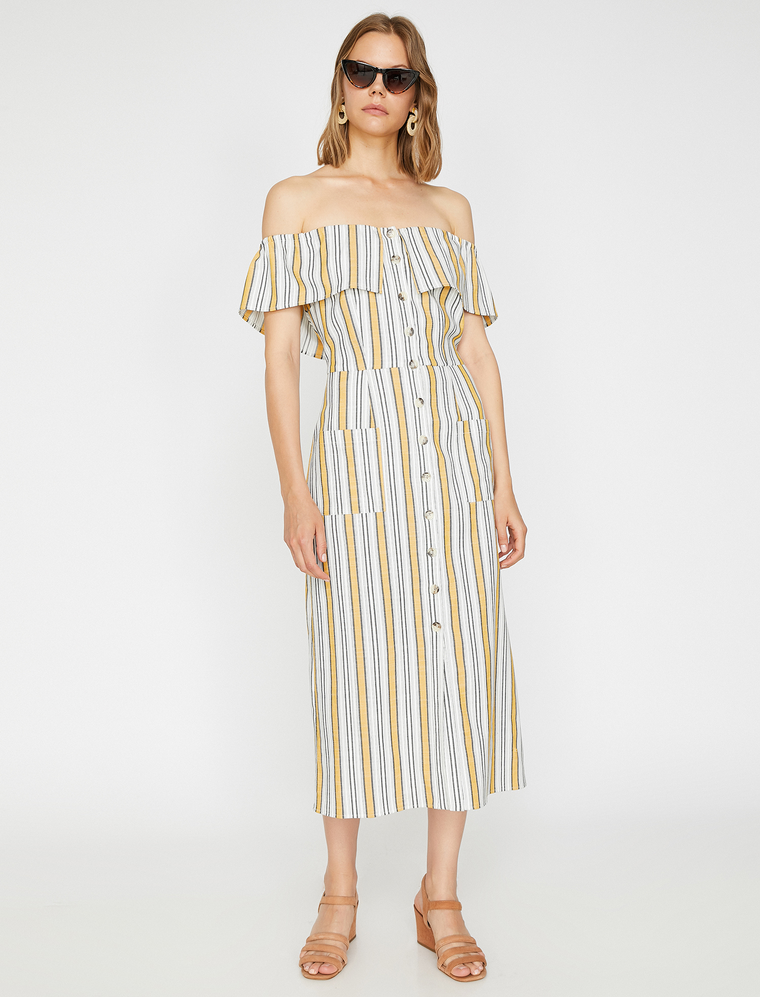   Çizgili Düşük Omuz Elbise