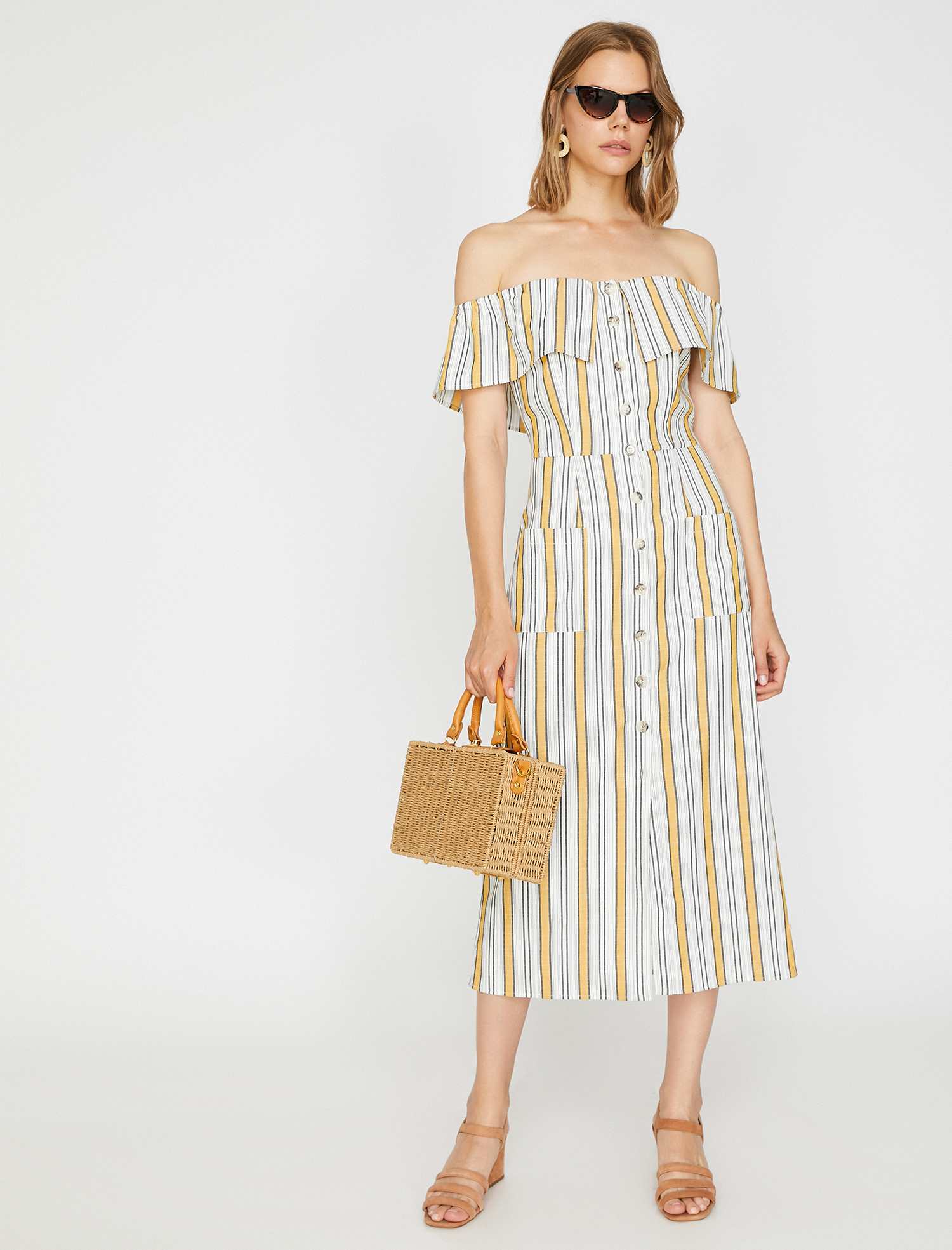   Çizgili Düşük Omuz Elbise