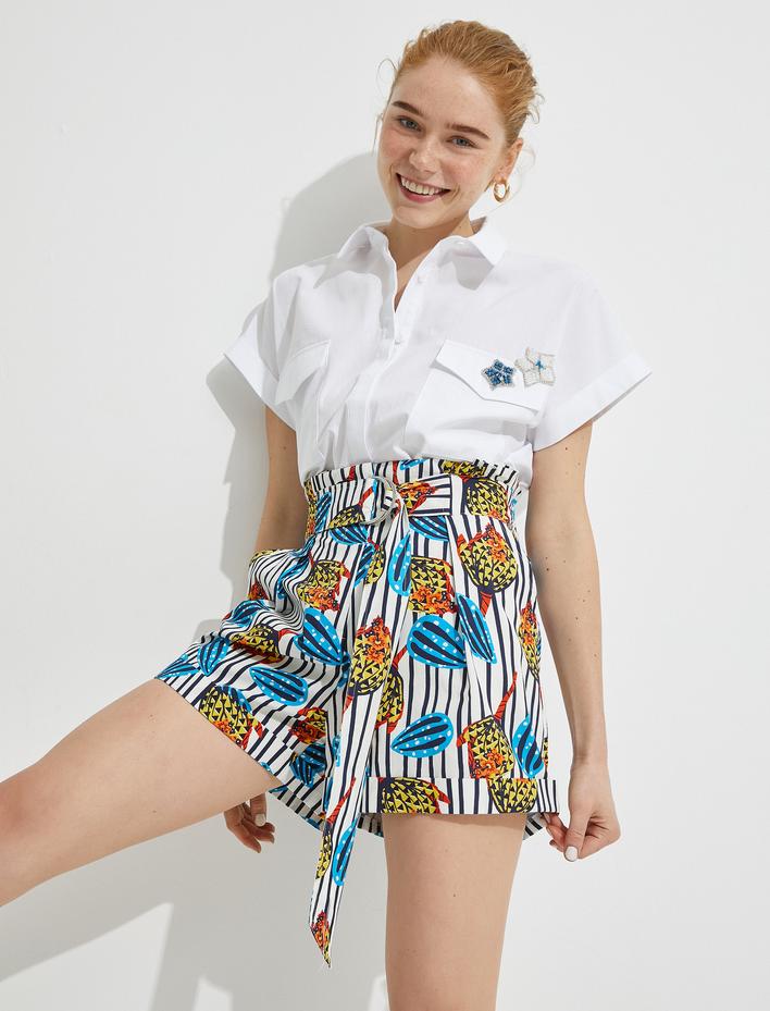  Kemerli Şort Desenli Pamuklu