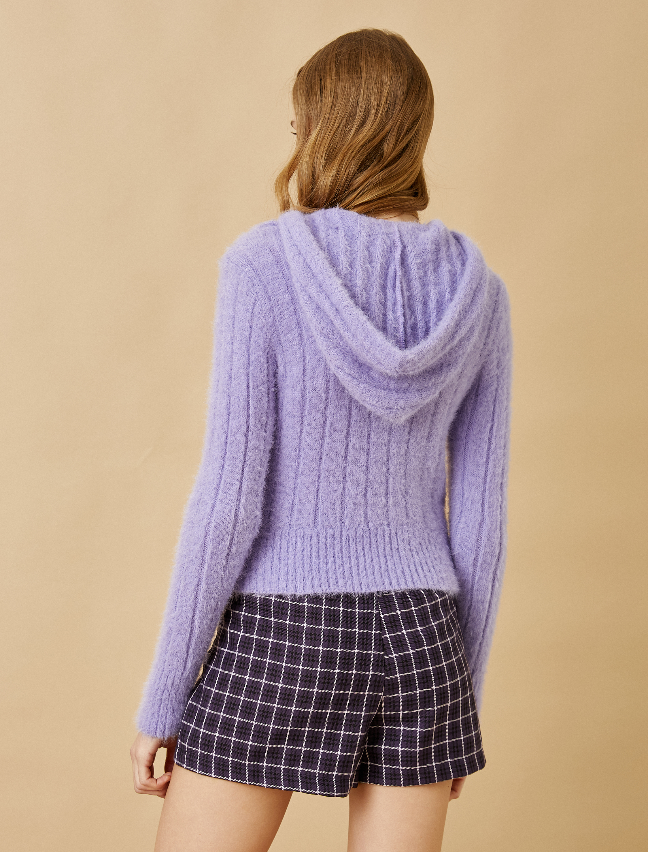   Kapüşonlu Ribanalı Tüylü Triko Kazak