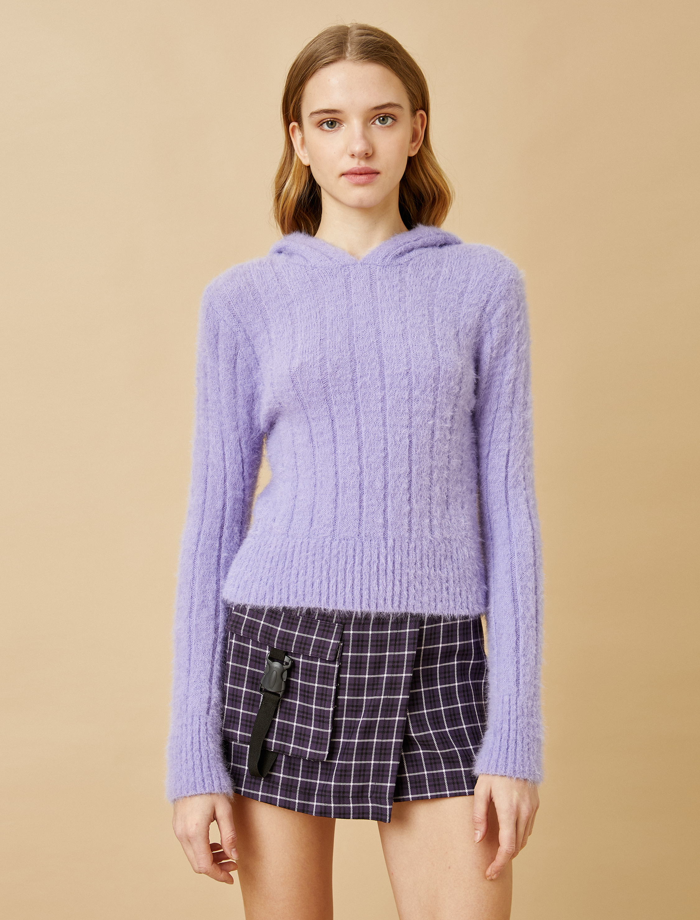   Kapüşonlu Ribanalı Tüylü Triko Kazak