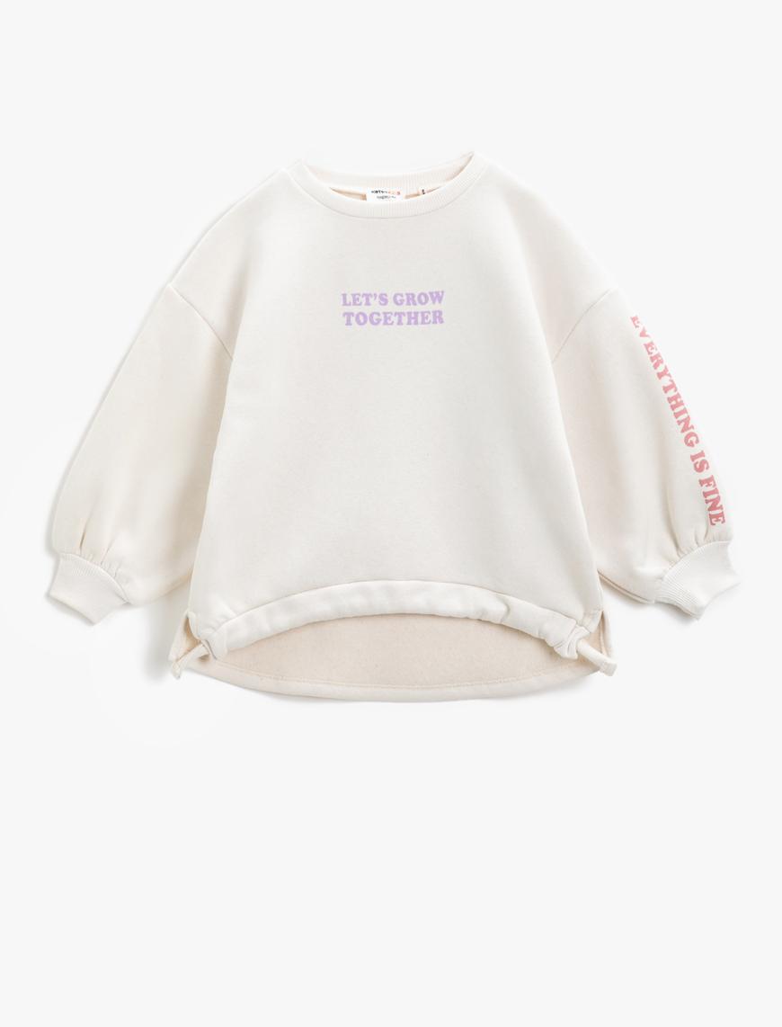  Kız Çocuk Slogan Baskılı Oversize Sweatshirt Beli Bağlama  Detaylı