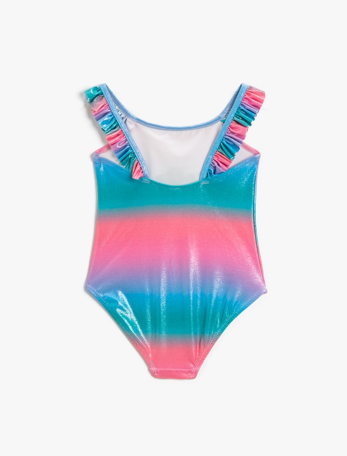 Kız Çocuk Mayo Parlak Kumaş Askılı Fırfır Detaylı Pul Payet İşlemeli