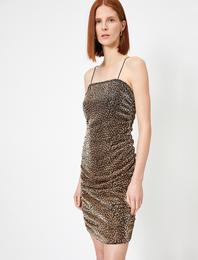 Leopar Desenli Abiye Elbise Metalik  Kamisol Mini
