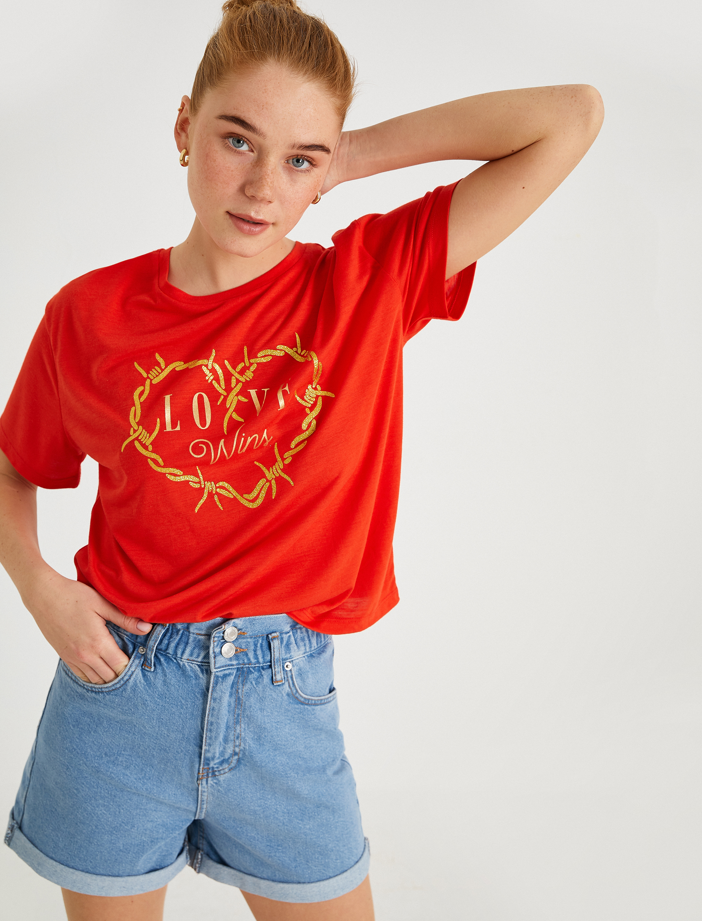   Baskılı Tişört Bisiklet Yaka Kısa Kollu