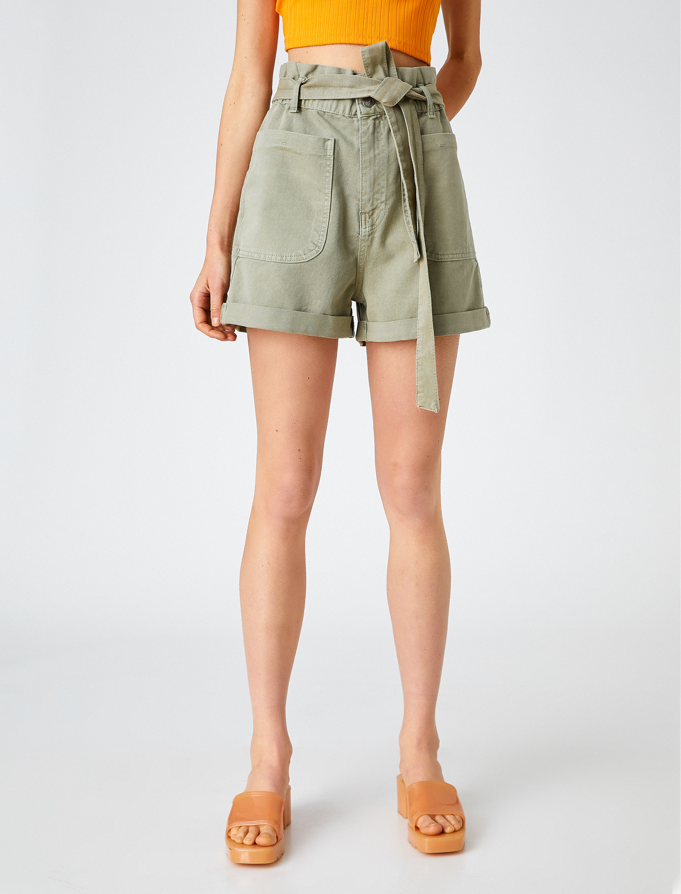   Yüksek Bel Şort Kemerli Cepli Pamuklu