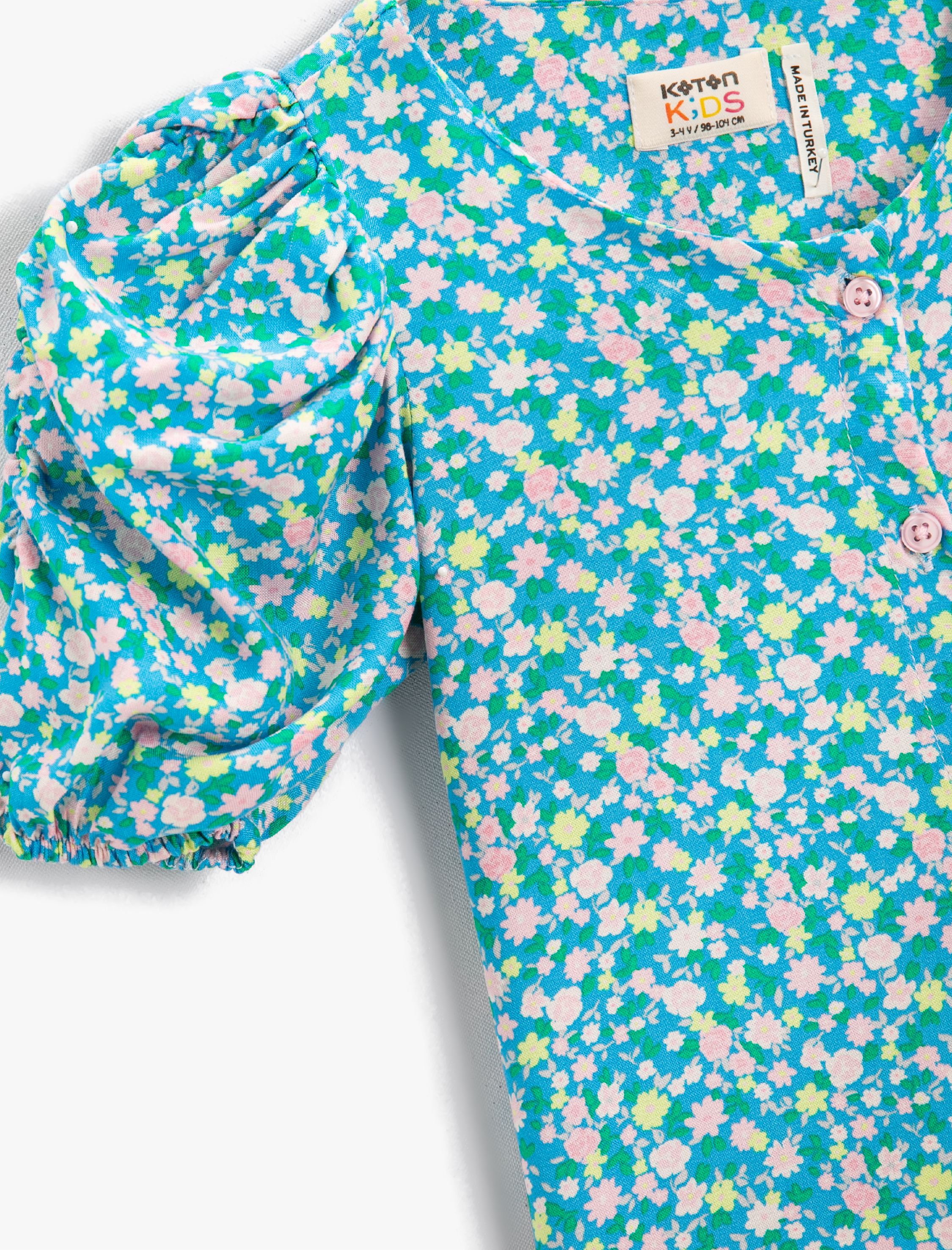  Kız Çocuk Elbise Çiçek Baskılı Düğmeli Bisiklet Yaka Balon Kollu Mini