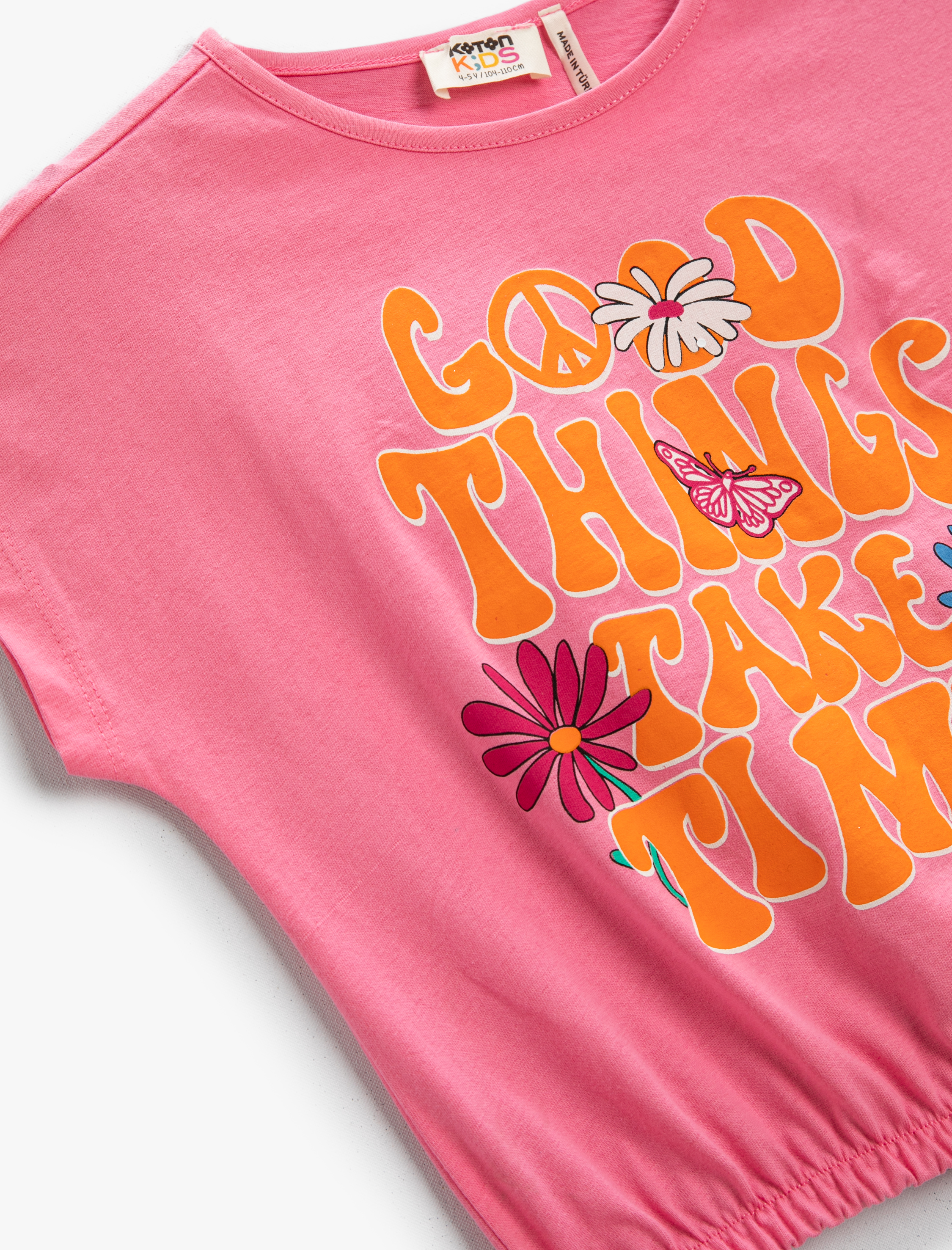  Kız Çocuk Baskılı Crop Tişört Bisiklet Yaka Beli Lastikli Pamuklu